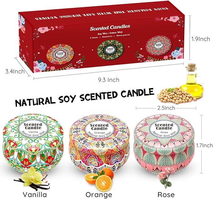 3 Packs Rose, Vanilla and Orange Scented Candles Christmas Gift Set for Women, Small 2.5oz Decorative Natural Soy Wax Aromatherapy Candles in Cute Travel Metal Tin for Home Mother's Day
