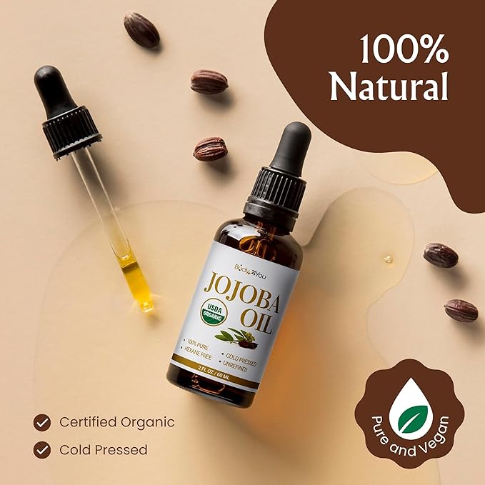 BodyJ4You Organic Jojoba Oil for Skin - USDA Organic 100% Pure Natural - Face Skin Gua Sha Facial Dermaplaning Hair Scalp Massage - Unrefined Cold Pressed Hexane Free - Base Carrier Wax - 2 Fl Oz