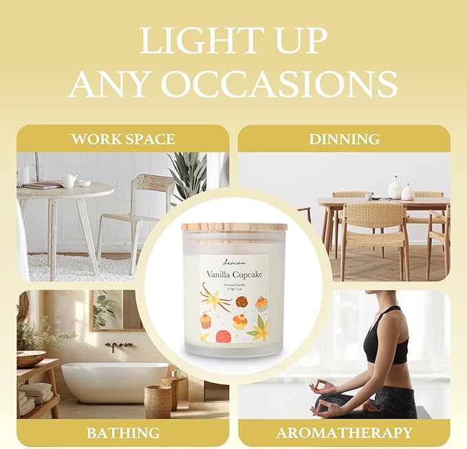 Vanilla Cupcake Scented Candle, 11oz 60 Hour Burn, Natural Soy Wax with Thick Cotton Wick, Highly Scented Aromatherapy Candle for Stress Relief & Meditation, Gifts for Women & Men