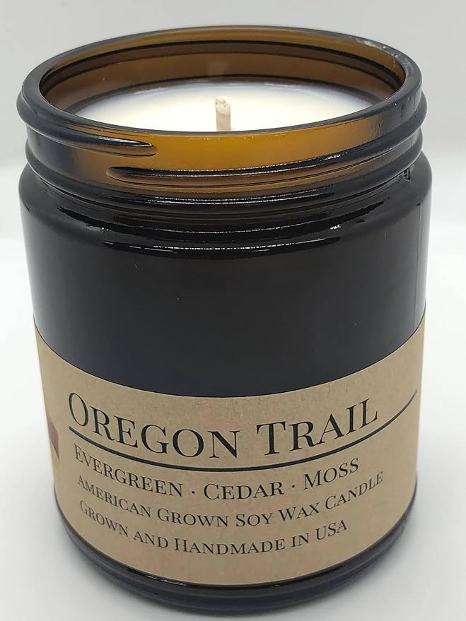 Scented Soy Wax Candle (8.0 oz) 50-60 Hour Burn Time, Cotton Wick, Amber Glass Jar, Grown and Made in USA Oregon Trail