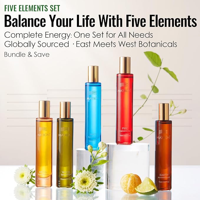 MATRUM Five Element Essential Oil Roll-On Set – 100% Pure Aromatherapy Blend for Stress Relief, Anxiety Ease, Relaxation & Sleep Support, Circulation & Balance, Self-Care Gift, 2.5 Fl Oz