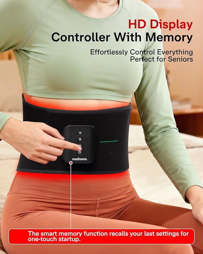 Medisana 3-in-1 Red Light Therapy Belt, Cordless Infrared Red Light Therapy for Body with Multi-Mode Red Light/Pulse/Heat/Vibration - 660nm/850nm for Muscle Pain Relief, Portable for Waist Back Knee