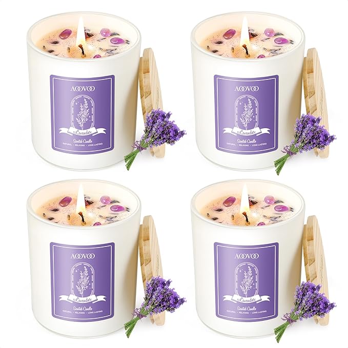 AOOVOO Lavender Candles Set for Women - 4 Pack Candles for Home Scented, Aromatherapy Candle with Crystals Inside, 28 oz 200 Hour Long Lasting, Birthday Gifts Mothers Day Candle for Women Mom