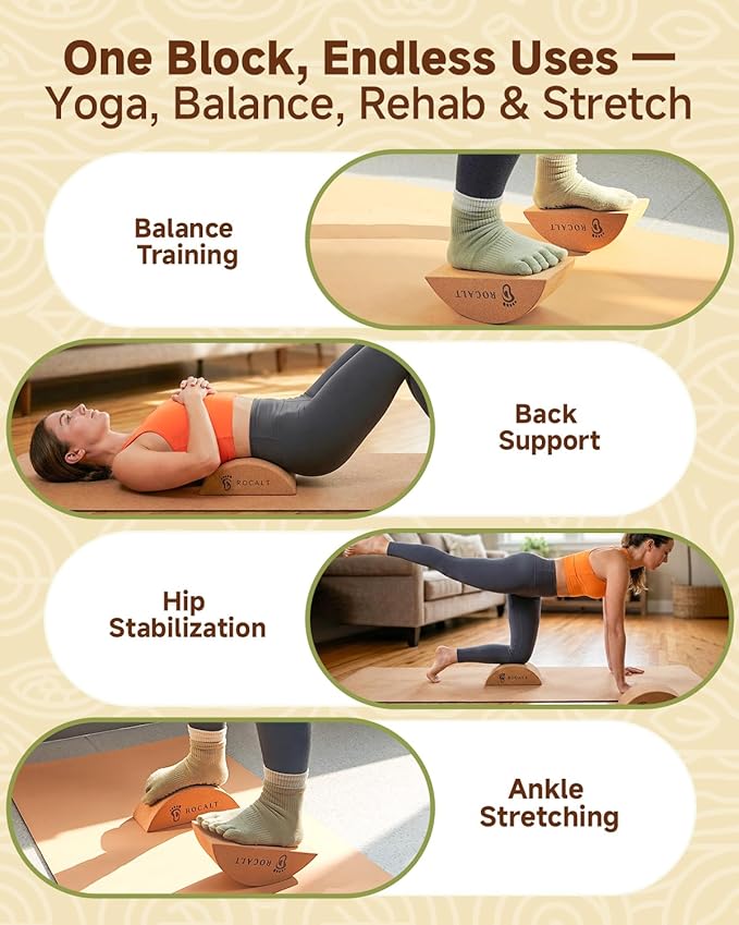 Rocalt Cork 4 In 1 Balance Board + 2 Pack Cork Yoga Blocks, Premium Cork Foot & Ankle Strengthener Kit, Half Moon Yoga Block & Calf Stretching