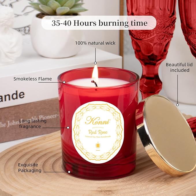 KONNI Scented Candles, Red Rose Soy Candle, Single-Wick Jar Candles Aromatherapy Candle with 40 Hours of Burn Time, Birthday, Valentine, Christmas, Anniversary Present 7 oz