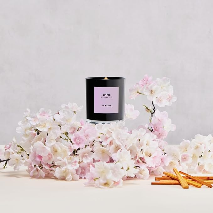EMME NYC Scented Candle Jar - Black Glass, Soy, Natural, Non-Toxic, Pet-Safe, Up to 60 Hours Burn Time, Wood Wick, Strong Scent, Cruelty-Free, 10 oz - Sakura