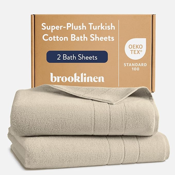 Brooklinen Super-Plush Turkish Cotton Bath Sheets - Set of 2 - Cotton, 820 GSM, Highly Absorbent, Machine Washable, Perfect for Home & Bathroom (40" x 65", Stone)
