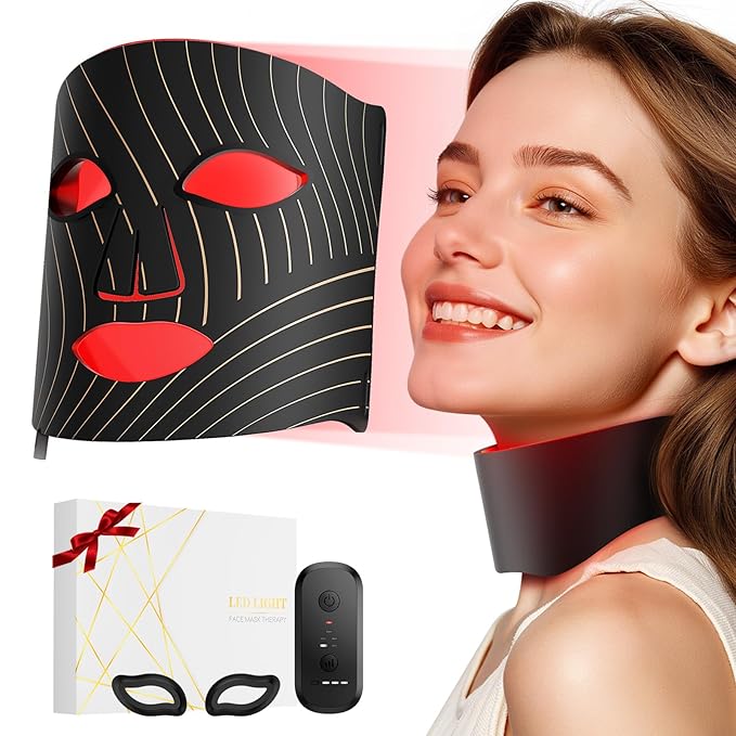 Red Light Therapy for Face,LED Face Mask Light Therapy with Neck Device,103 3-in-1 Light Beads,Remoter Rechargeable,Timing Function,Infrared Red Light Therapy Mask for Home Working Travel Yoga Sleep