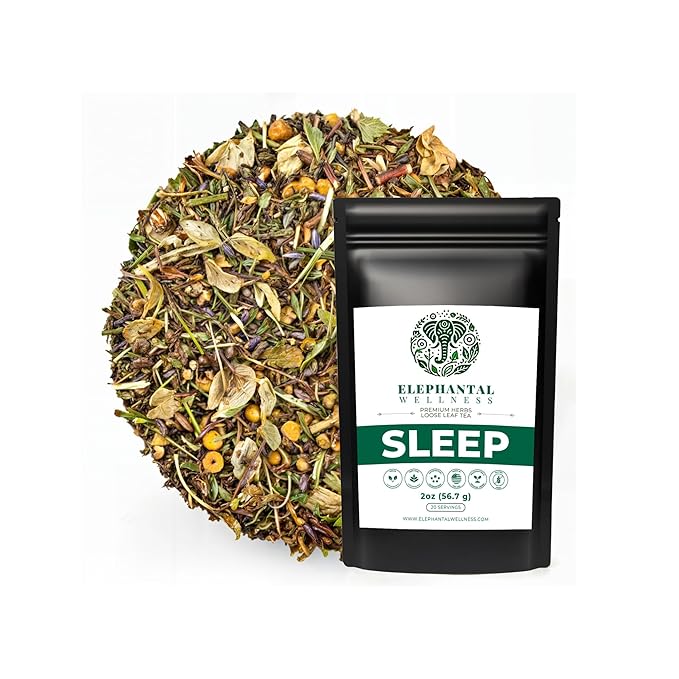 Elephantal Wellness Premium Sleep Herbal Tea | Deep Rest & Relaxation Support with Valerian Root, Passionflower, Chamomile, Lemon Balm Tea & Skullcap | Handmade, Caffeine-Free, Non-GMO Loose Leaf Blend, 2oz, 20 Servings