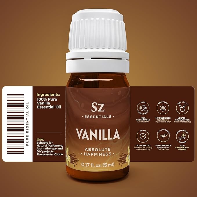 Vanilla 100% Pure, Essential Undiluted Oil - Extracted from Fresh Vanilla - Rich & Exotic Taste with Sweet Overtones - Therapeutic Grade & Vegan - 0.17oz (5ml)
