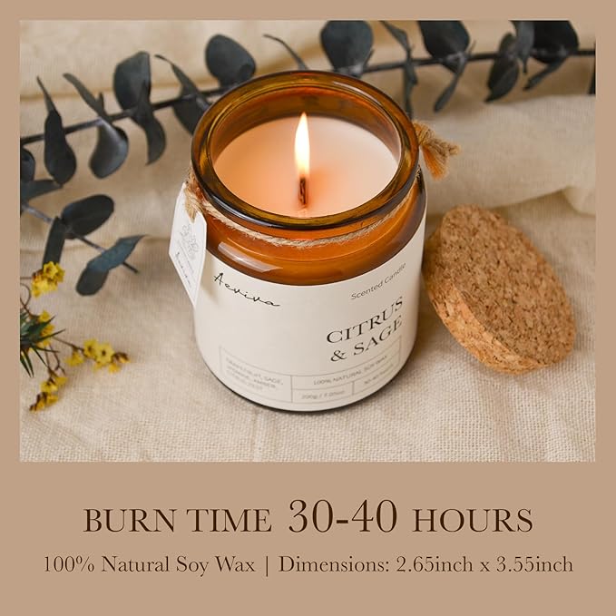 Scented Candle, 7.05 oz Citrus & Sage Aromatherapy Candle, Natural Soy Wax with Wooden Wick, Candles for Home Scented, Stress Relief Amber Jar Candle Gifts