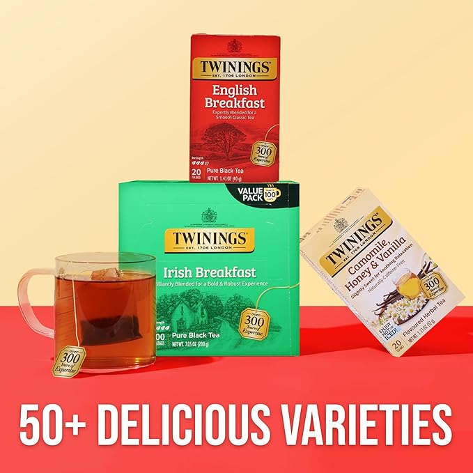 Twinings English Breakfast Black Tea Individually Wrapped Bags, 20 Count (Pack of 6), Flavourful, Robust, Caffeinated, Enjoy Hot or Iced, 120 Teabags