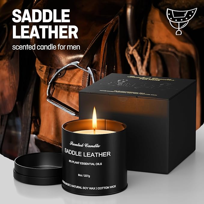 Men Scented Candle | Matte Tin Jar Aromatherapy Candle for Men | 1 Pack(8oz) Soy Wax Candles for Home,Office | Saddle Leather Fragrance Manly Gift for Boyfriend,Fathers Day and Christmas