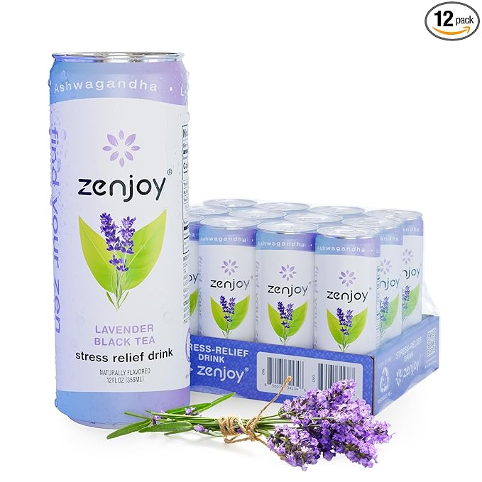 Zenjoy Stress Relief Drink, Calming Black Tea, Non Alcoholic, Ashwagandha & Lemon Balm for Stress Relief, L - Theanine for Focus (12 Pack) (Lavender)