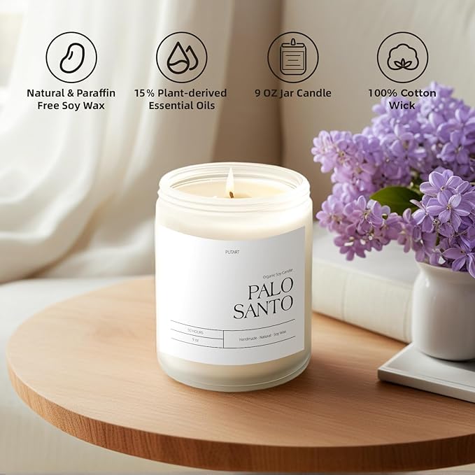 Palo Santo Highly Scented Candle for Home, 9oz Natural Soy Aromatherapy Non Toxic Candles with Essential Oil, Home Fragrance Stress Relief & Meditation Jar Candles Gifts for Women & Men, White