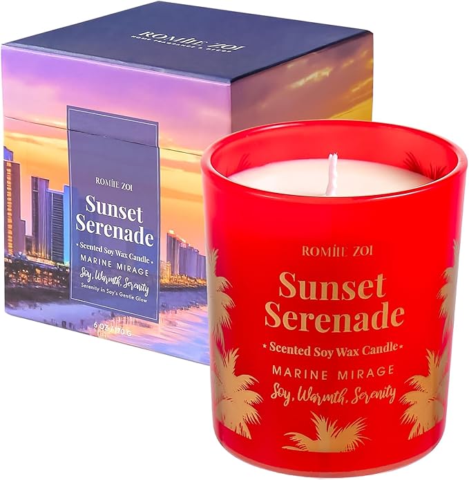 ROMIIE ZOI Marine Mirage Scented Candle - Sunset Serenade - 6oz Soy Wax Candle for Home Scented, Stress Relief Candle Gifts for Women/Men
