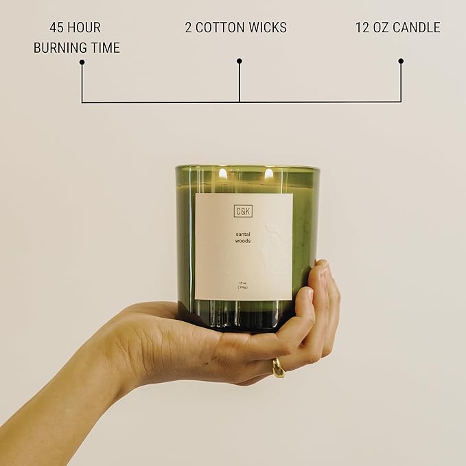 Craft & Kin 12oz Santal Woods Scented Candle for Home | Premium Green Winter Scented Candles for Men | Made with Natural Soy | Gifts for Men and Women | Nature Collection
