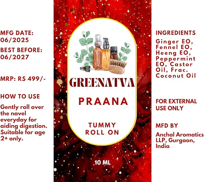 Praana Tummy Roll-On, Helps Ease Discomfort from Bloating, Acidity, Indigestion, Constipation, Blend of Hing, Fennel, Castor Oil (Nabhi Oi) & No Ranitidine, Hing Roll-On
