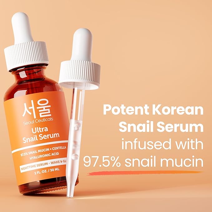 SeoulCeuticals Korean Skin Care 97.5% Snail Mucin Serum – K Beauty Skincare Anti Wrinkle Cica Night Serum Hyaluronic Acid for Face 1oz