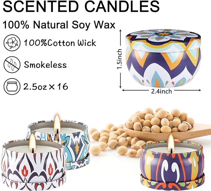 Scented Soy Wax Travel Tin Jar Candles - 2.5 OZ Gifts for Home, Mom - Christmas, Birthday, Thanksgiving, Mother's Day - 16 Pack