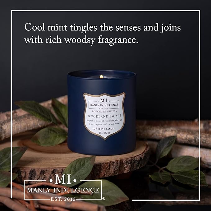 Manly Indulgence Woodland Escape Scented Candles for Men, 15 oz Wooden Wick, Premium Soy Blend Wax, 60H Burn, Candles for Home Scented - Made in The USA