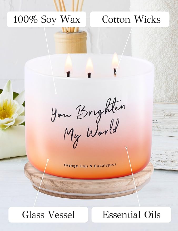 Orange Goji Berry & Eucalyptus 3-Wick Soy Scented Candle, 15.8 oz Large | Scented Candles for Home | Citrus Eucalyptus Aromatherapy Candle | “You Brighten My World” Quote