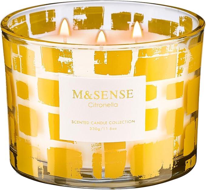 M&SENSE Citronella Scented Candle,11.6oz Natural Non Toxic Soy Wax for Home, 3 Wick Jar Candle, Up to 60 Hours Burn time, Home Decor Birthday Gifts for Women and Men