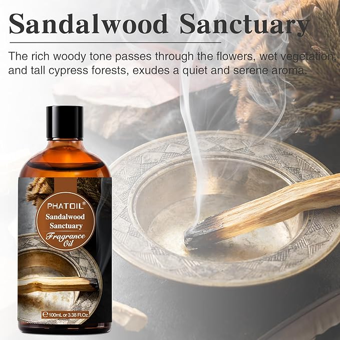 PHATOIL 3.38FL.OZ Sandalwood Sanctuary Fragrance Oils for Aromatherapy, Essential Oils for Diffusers for Home, Perfect for Diffuser, Yoga, Skin Care, DIY Candle and Soap Making - 100ml