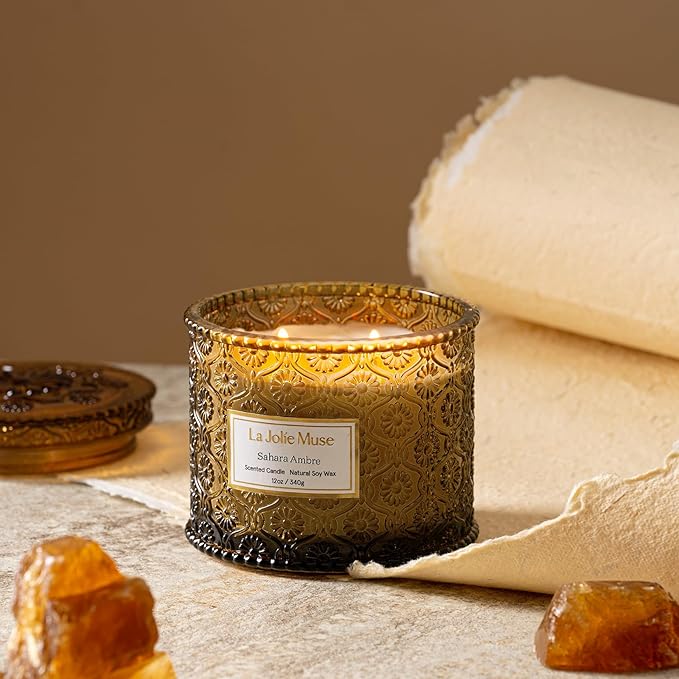 LA JOLIE MUSE Sahara Amber Candle – Bergamot, Clove & Amber | 12 oz Large 2-Wick Soy Wax Candle | 60 Hours Clean Burn | Gift-Ready for Hosts & Gatherings | Elegant Home Décor