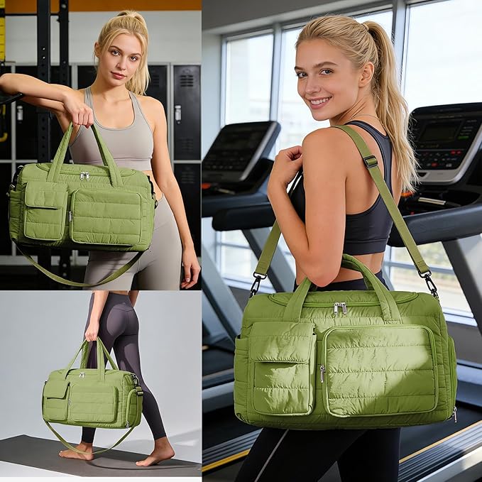 Gym Bag for Women, Cute Travel Duffel Bag with Shoe Compartment & Wet Pocket, Lightweight Puffer Weekender Overnight Bag, Travel Carry On for Sport, Hospital, Yoga