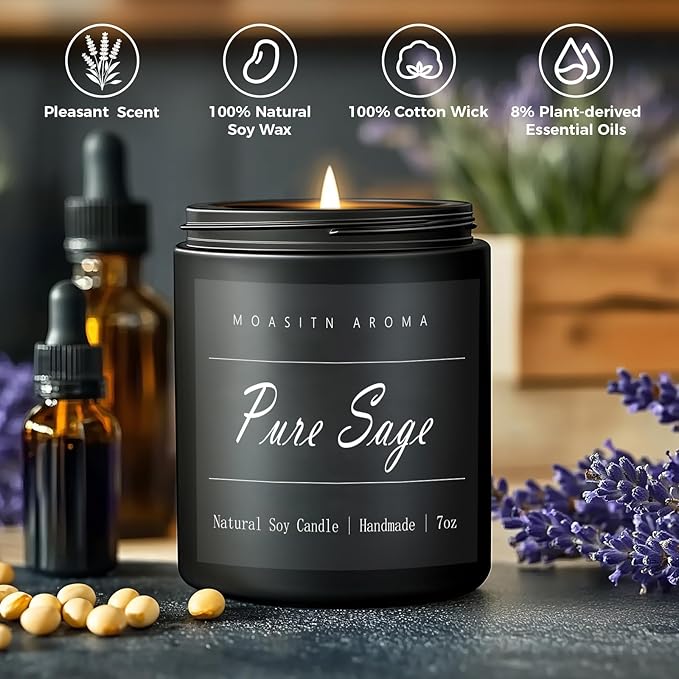 MOASITN Pure Sage Highly Scented Candle for Home|Organic Soy Candel| Handmade Long Lasting Aromatheraphy Jar Candles| Gift for Women,Men for Relaxing,Housewarming,Autumn|7oz