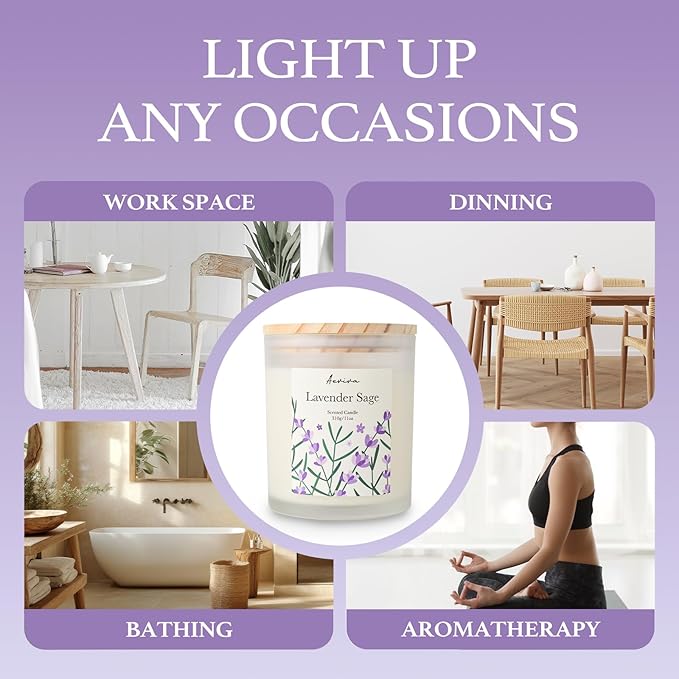 Lavender Sage Scented Candle, 11oz 60 Hour Burn, Natural Soy Wax with Thick Cotton Wick, Highly Scented Aromatherapy Candle for Stress Relief & Meditation, Gifts for Women & Men