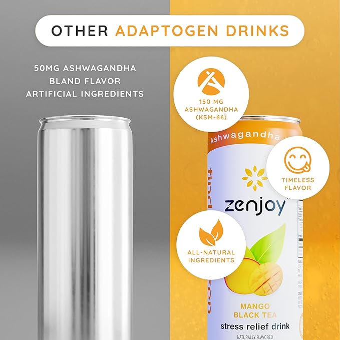 Zenjoy Stress Relief Drink, Calming Black Tea, Non Alcoholic, Ashwagandha & Lemon Balm for Stress Relief, L - Theanine for Focus (12 Pack) (Mango)