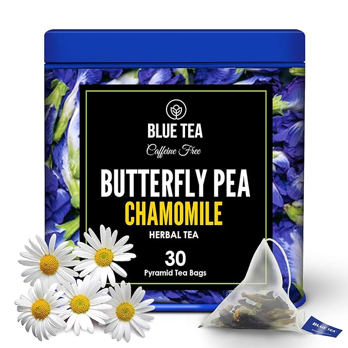 BLUE TEA - Butterfly Pea Flower Tea - Chamomile - 30 Count - Pyramid Plant Based Tea Bag | ANTIOXIDANT RICH | Caffeine Free - Flower Based - Calming Tea - Non-Bitter - Non-GMO | Tin Packaging