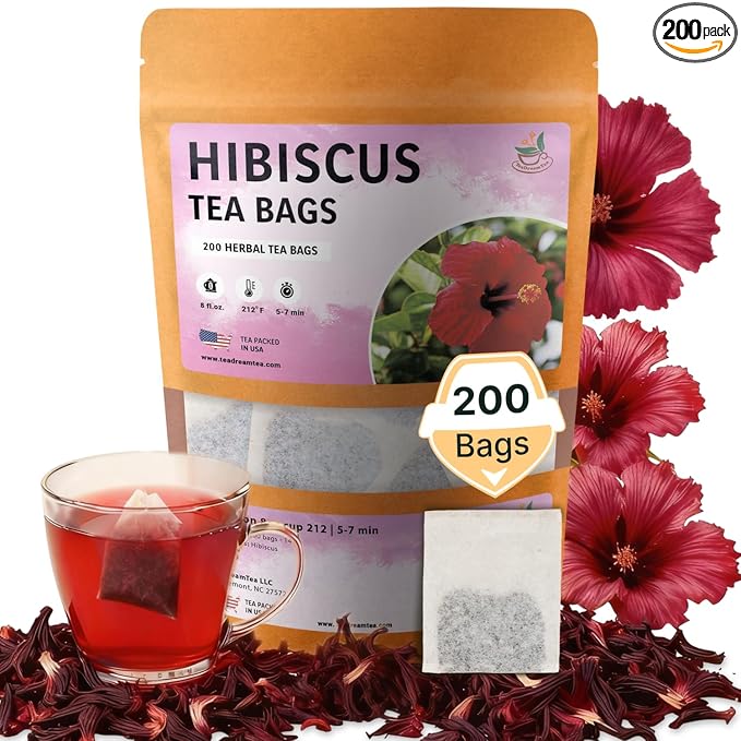 TeaDreamTea Hibiscus Tea Bags 200 Bleach-Free Tea Bags Caffeine Free Dried Hibiscus Flowers Hibiscus Flower Tea Dried Flower Tea Brew Hot or Iced Herbal Hibiscus Tea, 200 Count (Pack of 1)