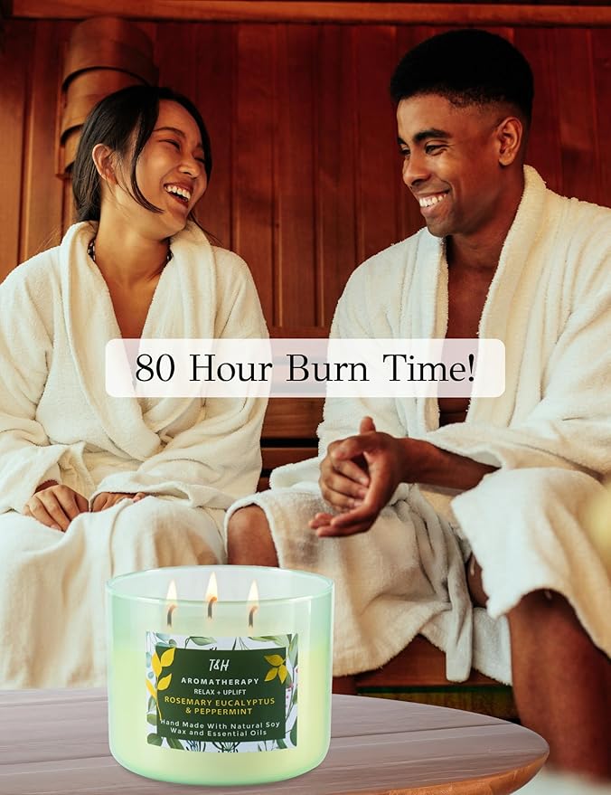 Rosemary Eucalyptus Peppermint 3-Wick Soy Candle 15.8 oz | Large Stress Relief Eucalyptus Candle for Home | Aromatherapy Relaxation Candles for Men & Women | Highly Scented, Long-Lasting Clean Burn
