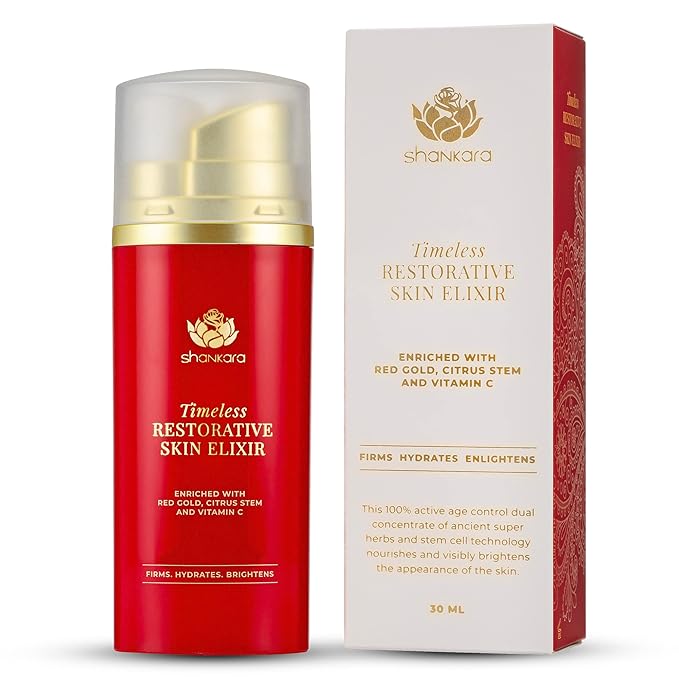 Shankara Timeless Restorative Skin Elixir – 2-in-1 Ayurvedic Serum & Kumkumadi Oil Pump Duo – With Vitamin C, Citrus Stem Cell Tech, Ectoin & Saffron – Hydrating, Moisturizing for Glowing Skin (30ml)