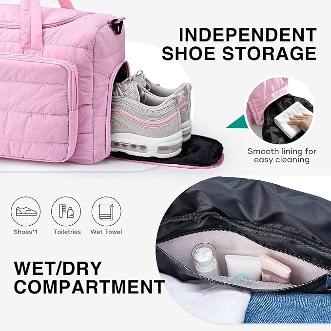 Quilted Gym Bag for Women, Cute Travel Duffel Bag with Shoe Compartment & Wet Pocket, Lightweight Puffer Weekender Overnight Bag, Travel Carry On for Sport, Hospital, Yoga