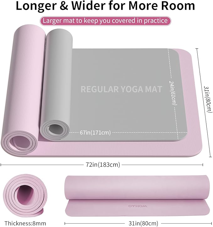 WOHAO Extra Wide & Thick 8mm Yoga Mat, 72"x31.5" Large Non Slip Exercise Mat, Premium POE Material for Superior Cushioning & Stability, with Strap for Home Gym, Pilates