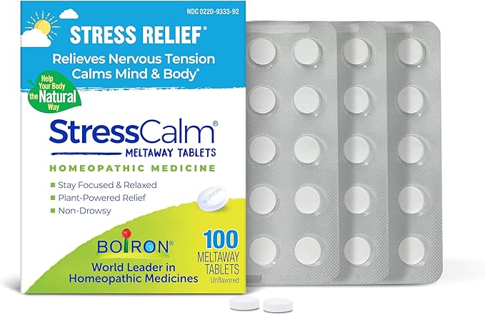 Boiron StressCalm Tabs - 100 Count for Relief of Stress, Anxiousness, Nervousness, Irritability, and Fatigue - Convenient Stress Calm Meltaway Tablets