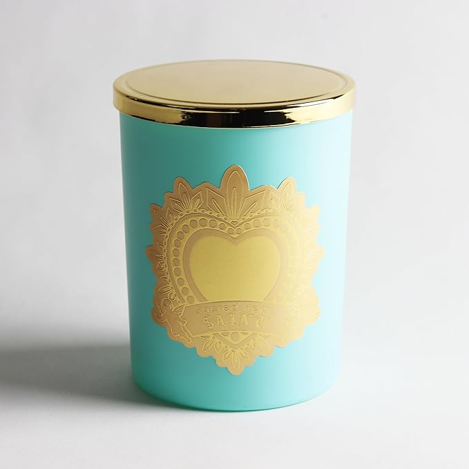 SAINT Ex-Voto Sacred Heart Devotional Scented Candle with Prayer Coin, Amber Fleur Soy Coconut Aromatherapy Candle with 80 Hour Burn Time, Collector Series Edition III (Blue)