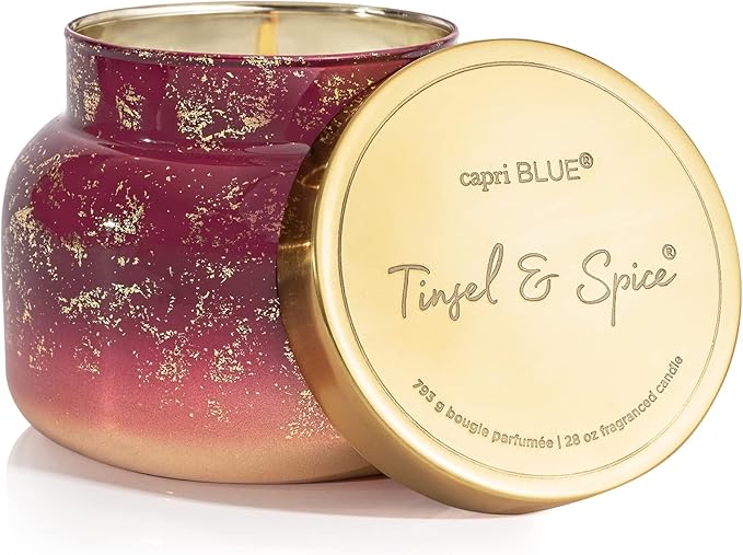 Capri Blue Glimmer Jar Candles - Luxury Holiday Scented Candles for Home - Long Lasting Soy Wax Blend - Scented Holiday & Home Decor - Tinsel & Spice Oversized Jar (28 oz)