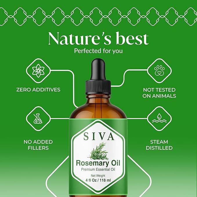 Siva Rosemary Essential Oil - 4 Fl Oz – 100% Natural Rosemary Oil - for Diffuser, Face, Skin Care, Aromatherapy, Hair Care, Scalp and Body Massage - with Dropper