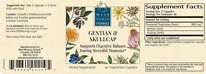 Wise Woman Herbals Gentian & Skullcap Digestion Support Supplement, Non-GMO, Bloating & Indigestion Relief, Supports GI Motility & Gut Comfort, Mood Balance, 90 Veg Caps