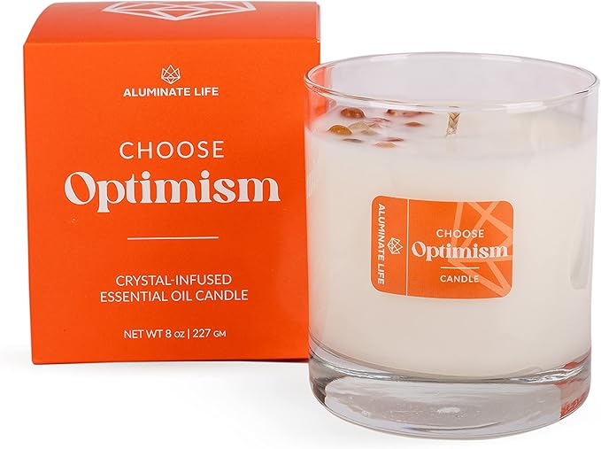 Luxury Glass Jar Candle, 8 OZ, Choose Optimism - Carnelian Crystal Infused - Honeysuckle, Orange, Kumquat & Cedar - Hope, Coconut Wax, Essential Oilsonfidence, & Success - C