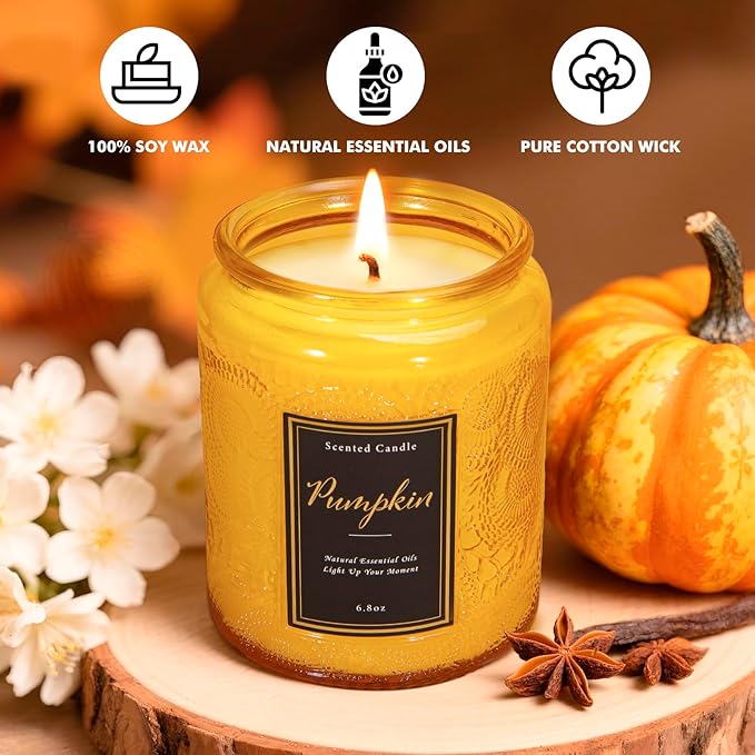 Pumpkin Scented Candle for Home, Luxury Glass Candles Soy Wax, Autumn Aromatherapy Candle Gift, Fall & Halloween Home Decor, 6.8 oz