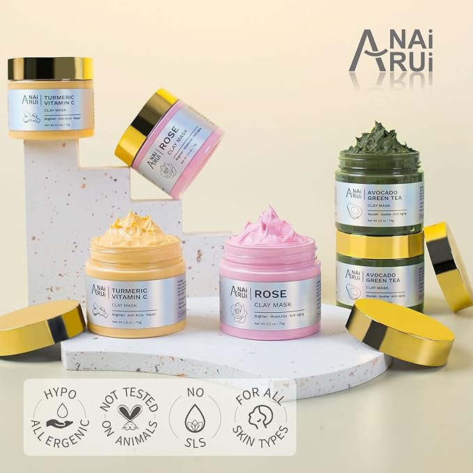 ANAI RUI 3 Pack Clay Mask Set Turmeric Vitamin C Clay Mask -Rose Facial Mask -Avocado Green Tea Mud Mask Smoothing, Hydration & Glow,Spa Gift Set, Valentines Day Gifts for Women/her 2.5 oz Each