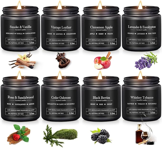 Manly Scented Candles for Men, 8 Pack Soy Candles for Home Scented, Up to 250H Burning, Aromatherapy Candle Set, Masculine Mens Candle Gift Set for Father Boyfriend Him, Birthday Christmas Gifts