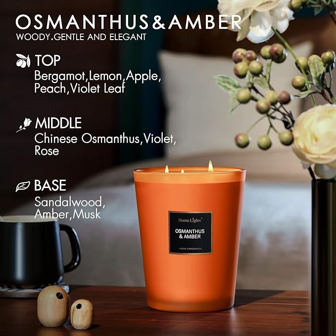 HomeLights Large Jar Candle-33.3 Oz. Natural Soy Aromatherapy Candle | Osmanthus Amber Scent | Up to 130 Hours Burn Time with 3 Cotton Wicks | Home Decorative Fragrance Candle Gift