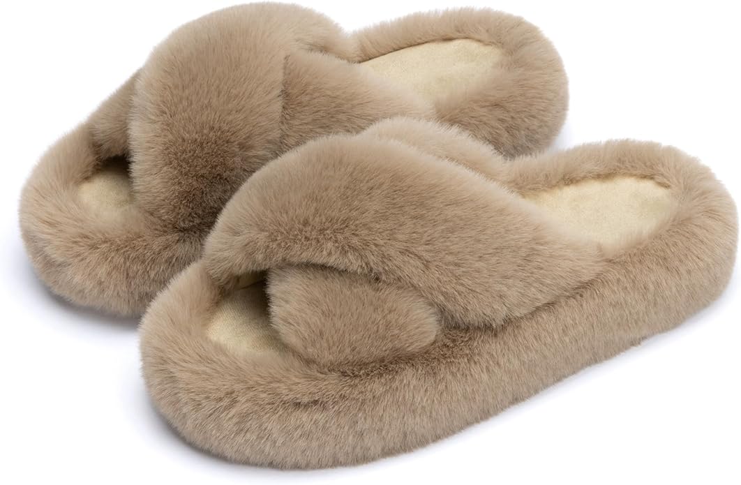 Chantomoo Women's Blue Memory Foam Faux Fur Lined Open Toe Slippers for Women - US 12